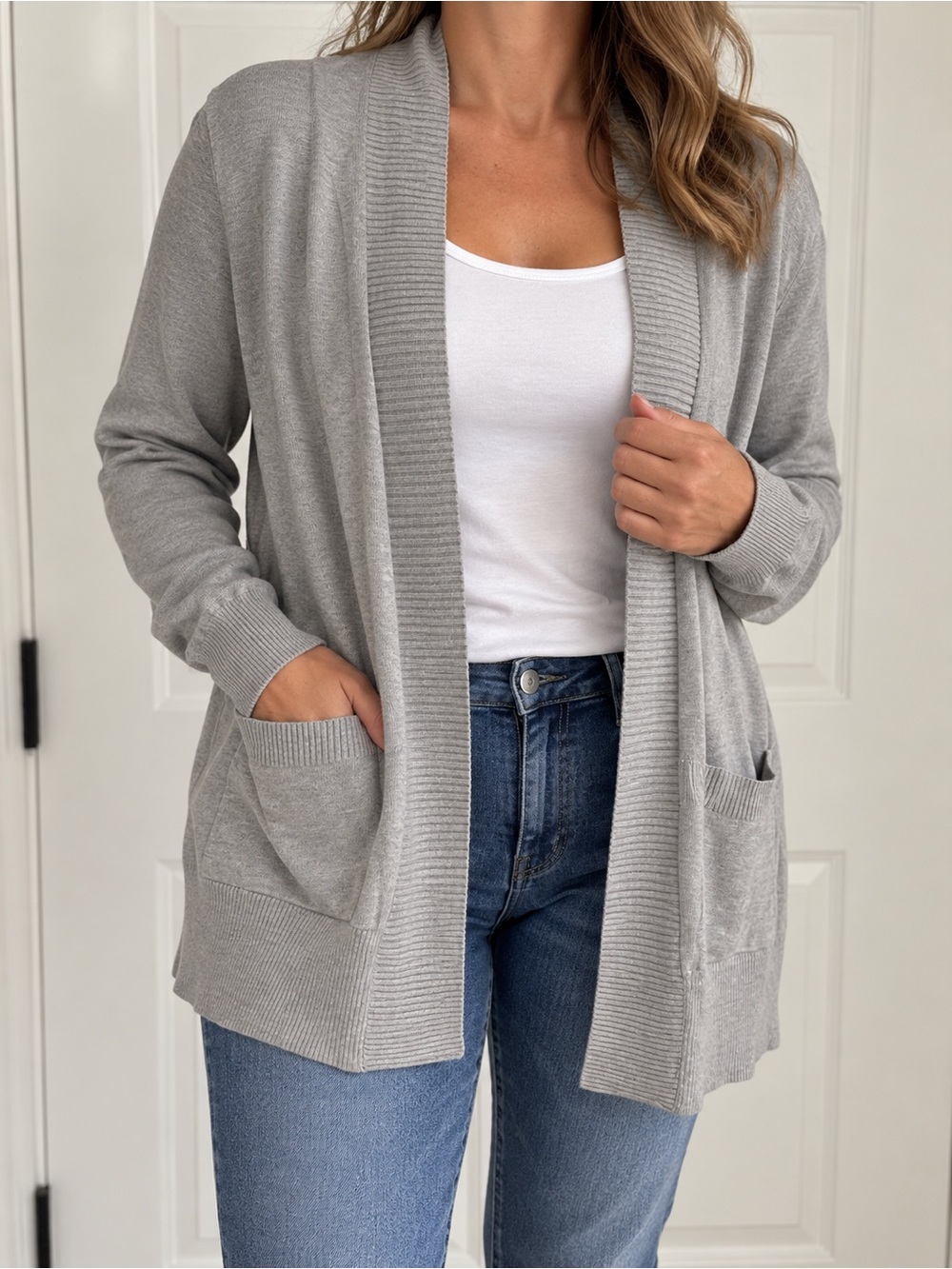 Light Gray Open-Front Women's Cardigan Sweater